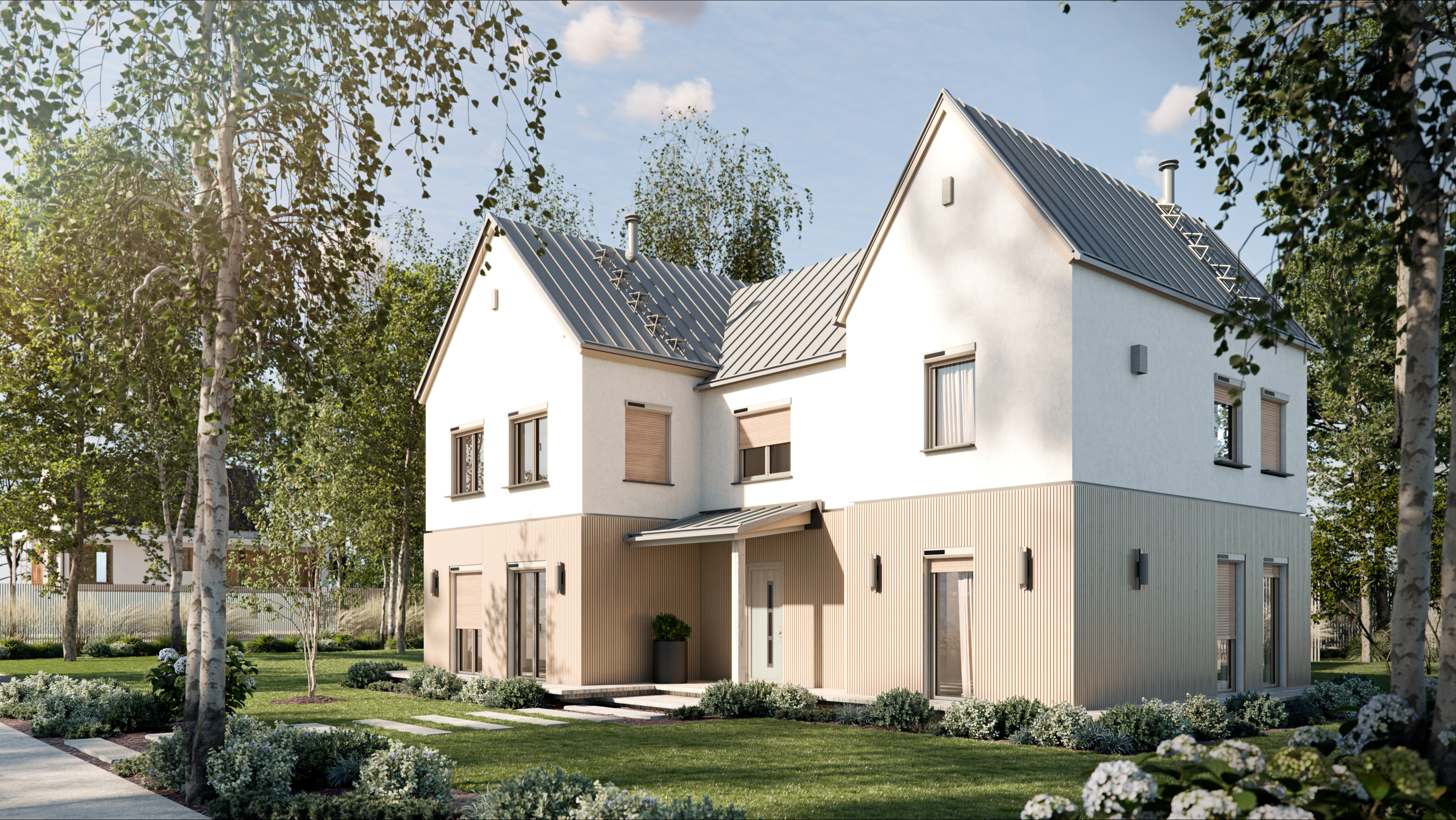 Maison moderne claire avec volets roulants solaires LUMITERRA intégrés aux fenêtres