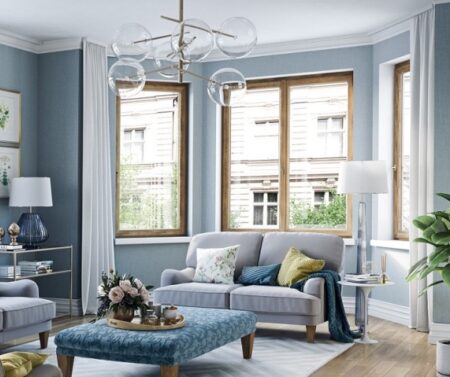 Salon avec fenetres PVC couleur chêne Winchester