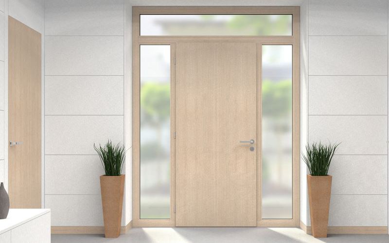 Porte d'entrée finition bois avec deux fixes latéraux et une imposte au-dessus