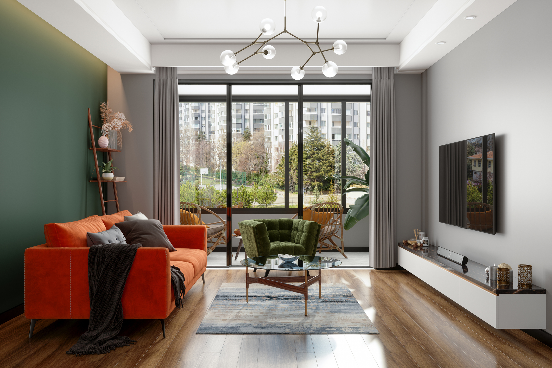 salon-moderne-mur-vert-fenetres-anthacite