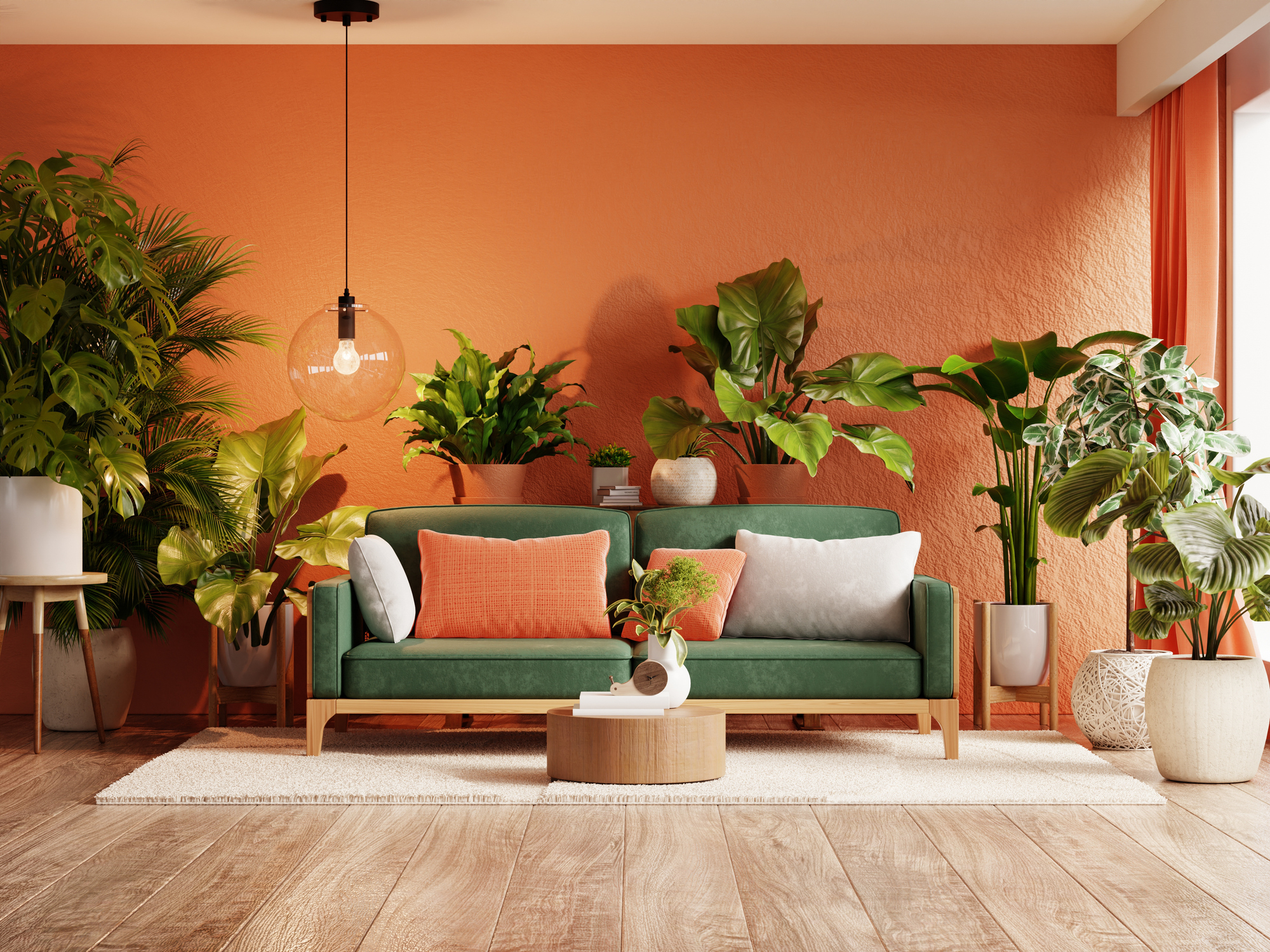 salon-avec-canape-vert-coussins-orange-et-blanc-mur-orange