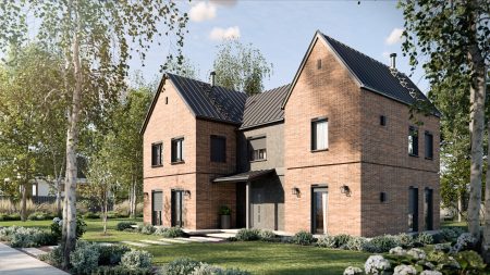 Maison en brique avec fenêtres anthracite et volets roulants LUMITERRA